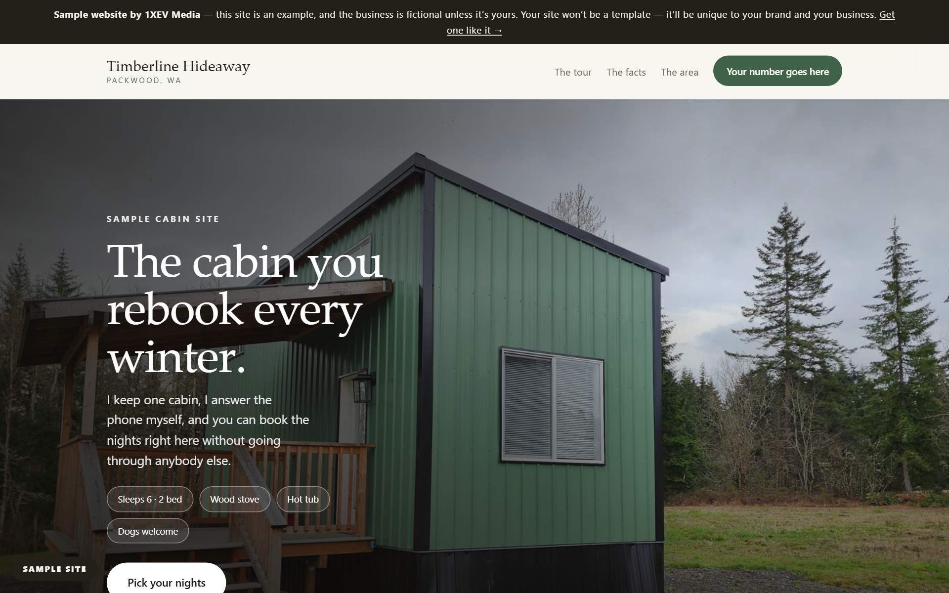 The sample cabin site on a laptop: the cabin photo, the headline, and a Pick your nights button