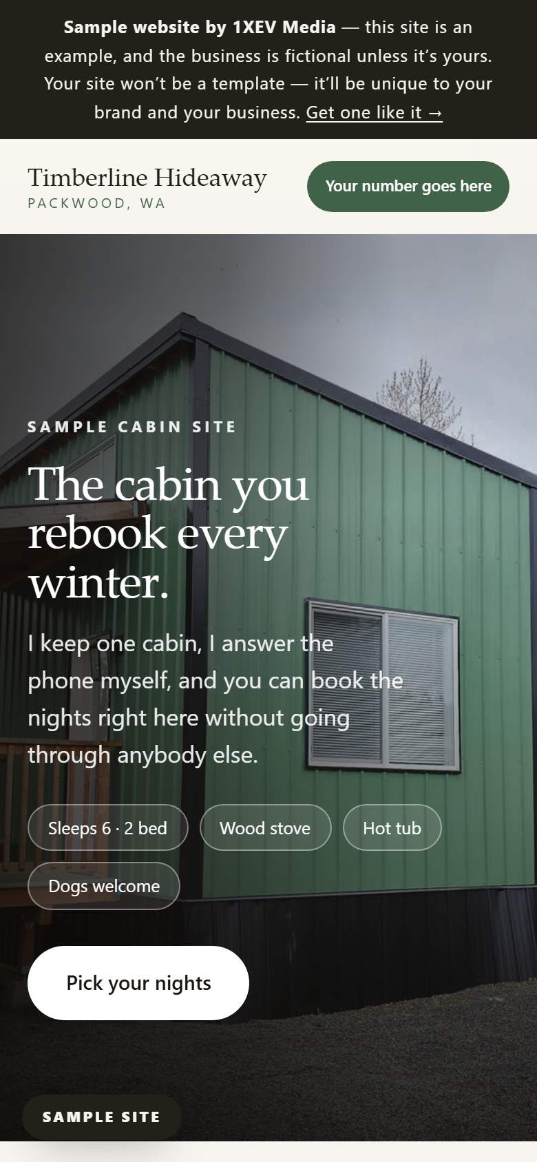 The same sample cabin site on a phone, with the booking button under the photo
